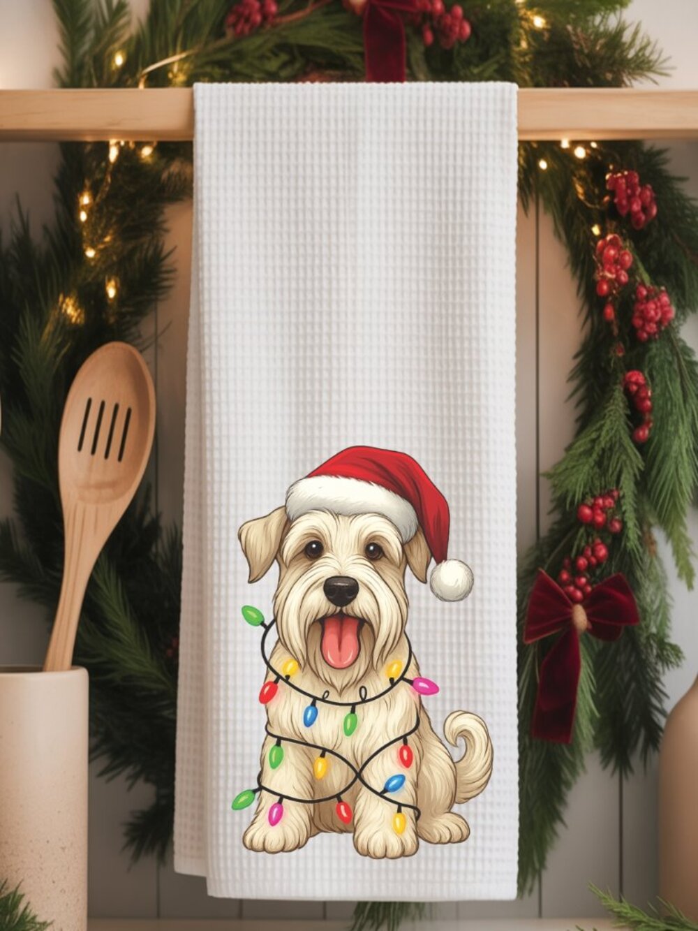 Sealyham Terrier Christmas Lights Decorative Kitchen Tea Towel